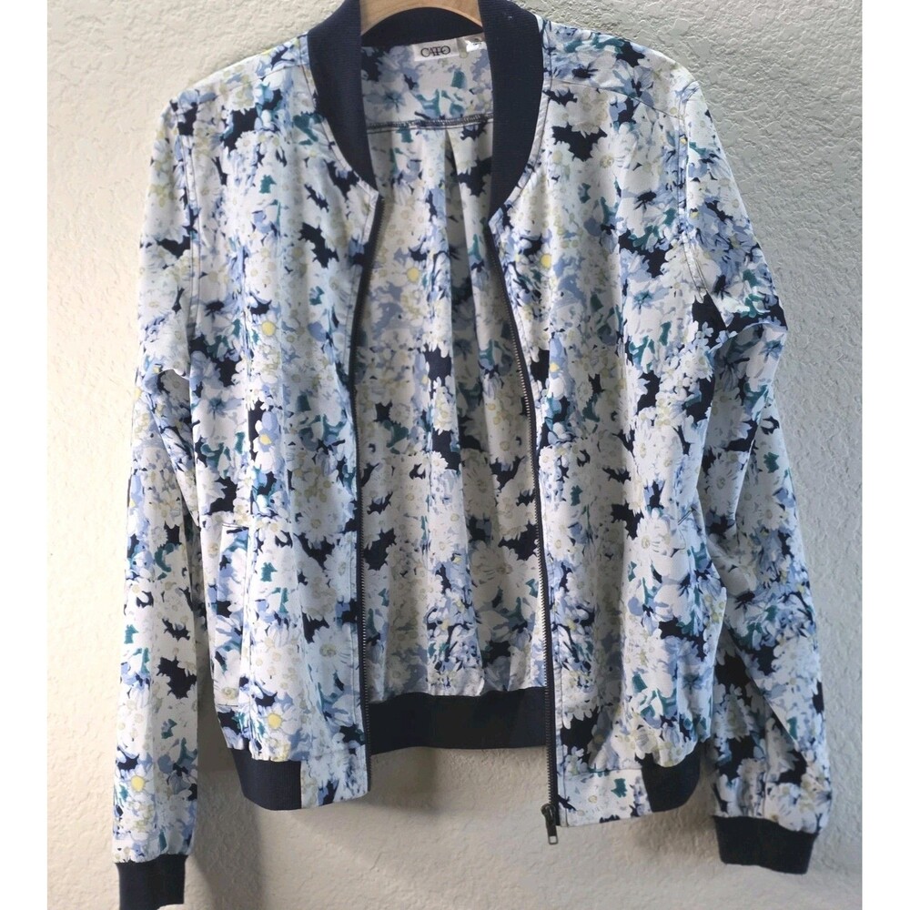 Cato Floral Bomber Jacket Women Medium Blue White Zip Front Lightweight - Picture 3 of 11